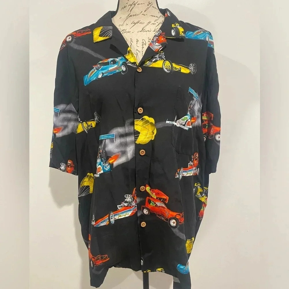 Paradise Found Hawaiian Shirt Dragsters Cars Black Rayon Size XL